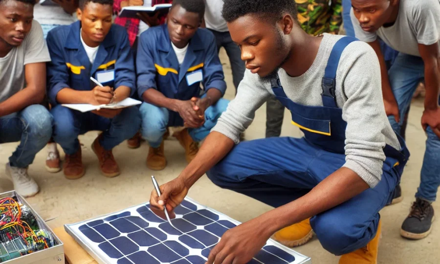 DALL·E 2025-02-16 19.29.28 - A group of young African students in a solar energy training workshop. They are learning how to install and maintain solar panels. An instructor is de