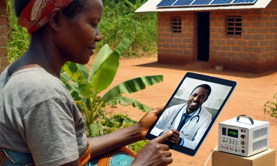 DALL·E 2025-02-16 19.35.19 - A woman in a rural African village using a tablet for a telehealth consultation. She is sitting outside her home, which is powered by a small solar pa